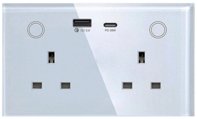 Tuya Zigbee 146 UK Smart Socket with USB Type C, Glass Panel, 3-Pin UK Plug + USB-A/C, Alexa/Google, App Control, Fast Charger, Modern, Zigbee 3.0